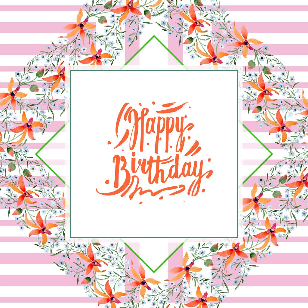 tarjeta de felicitación feliz cumpleaños con flores azules y naranjas. Dibujo acuarela de fondo con orquídeas y no me olvides
. - Foto, Imagen