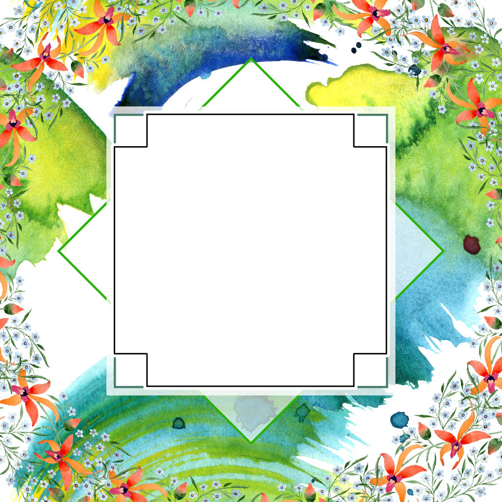 geometrischer Rahmen mit blauen und orangen Blüten. Aquarellzeichnung des Hintergrundes mit Orchideen und Vergissmeinnicht. - Foto, Bild