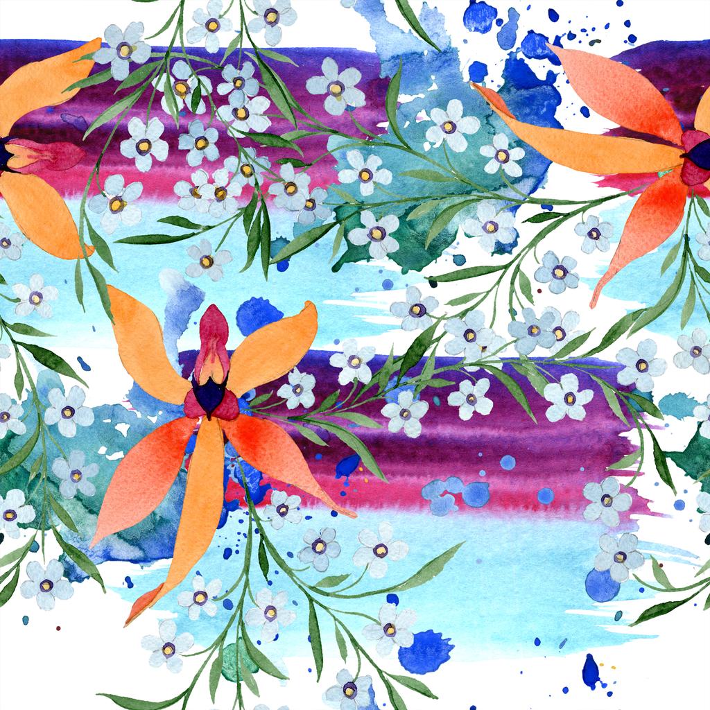 Kék és narancssárga virágok. Akvarell, rajz háttér orchideák és Nefelejcs nincstelenek. - Fotó, kép