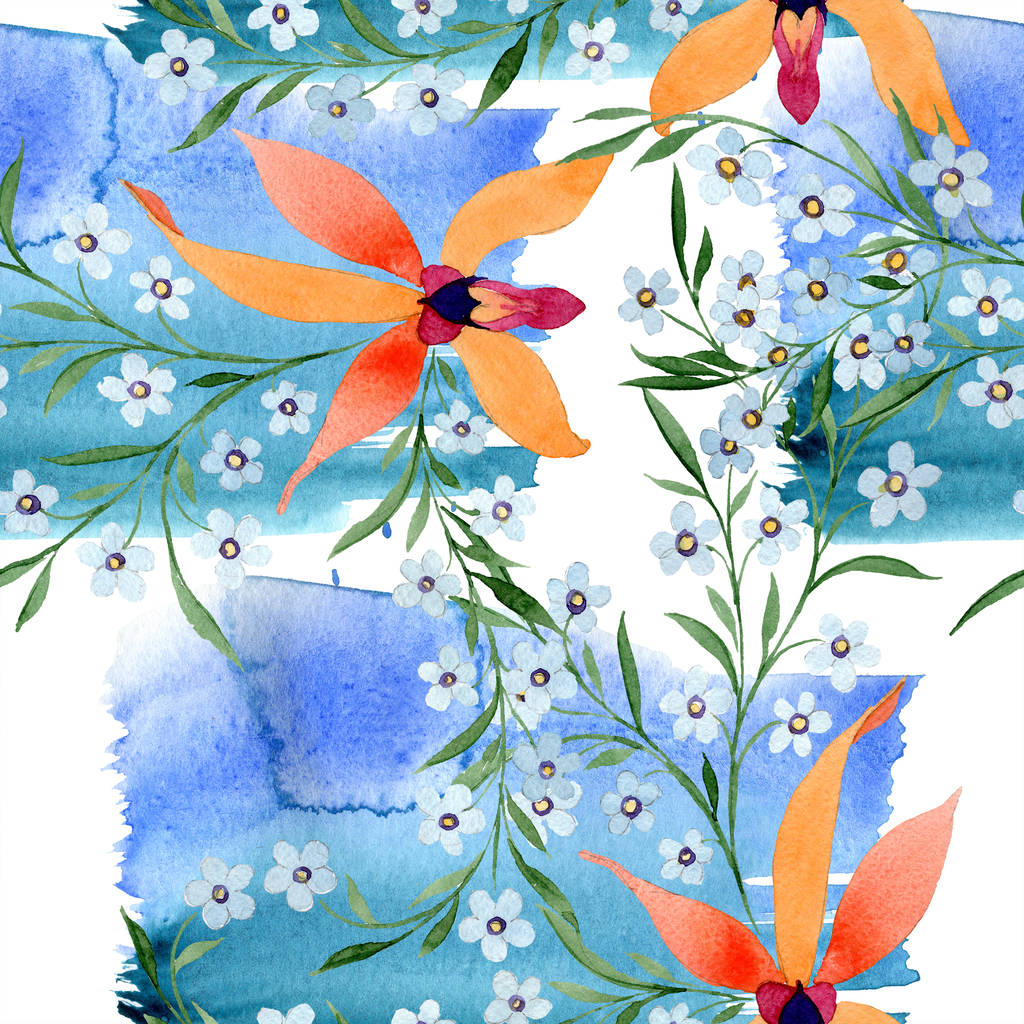 Блакитні та помаранчеві квіти. Акварель малюнок фону з орхідеями і забути мене немає
. - Фото, зображення
