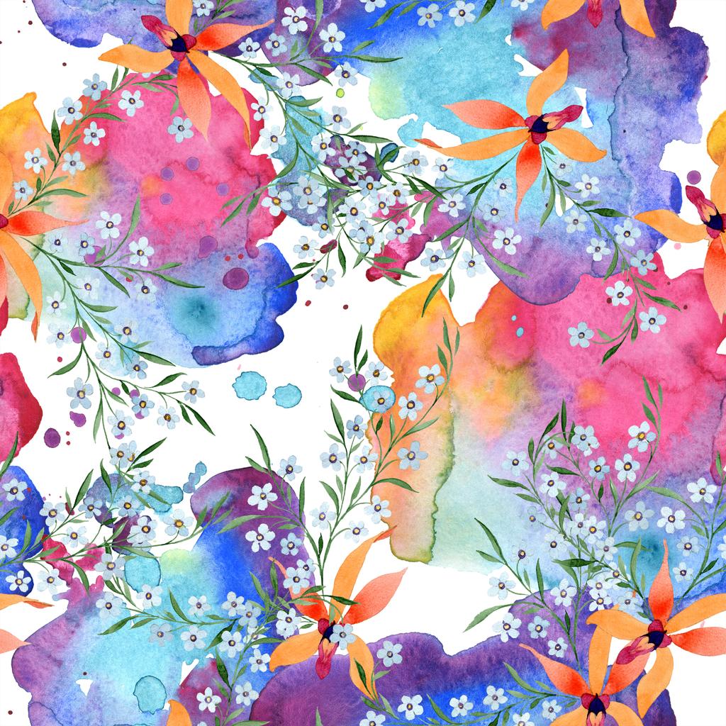 Flores azuis e laranja. Desenho aquarela de fundo com orquídeas e não me esqueça
. - Foto, Imagem