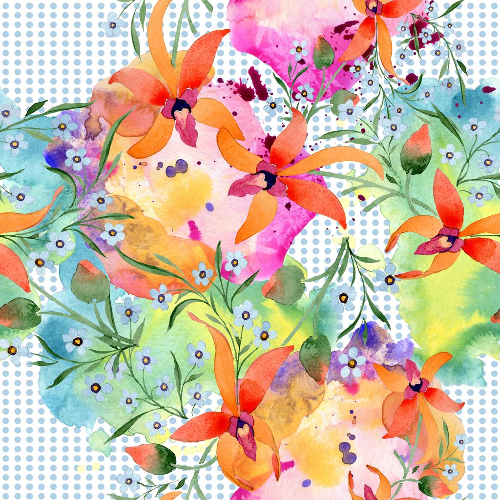 Modré a oranžové květy. Akvarel, kresba pozadí s orchidejemi a zapomenout uzlů. - Fotografie, Obrázek