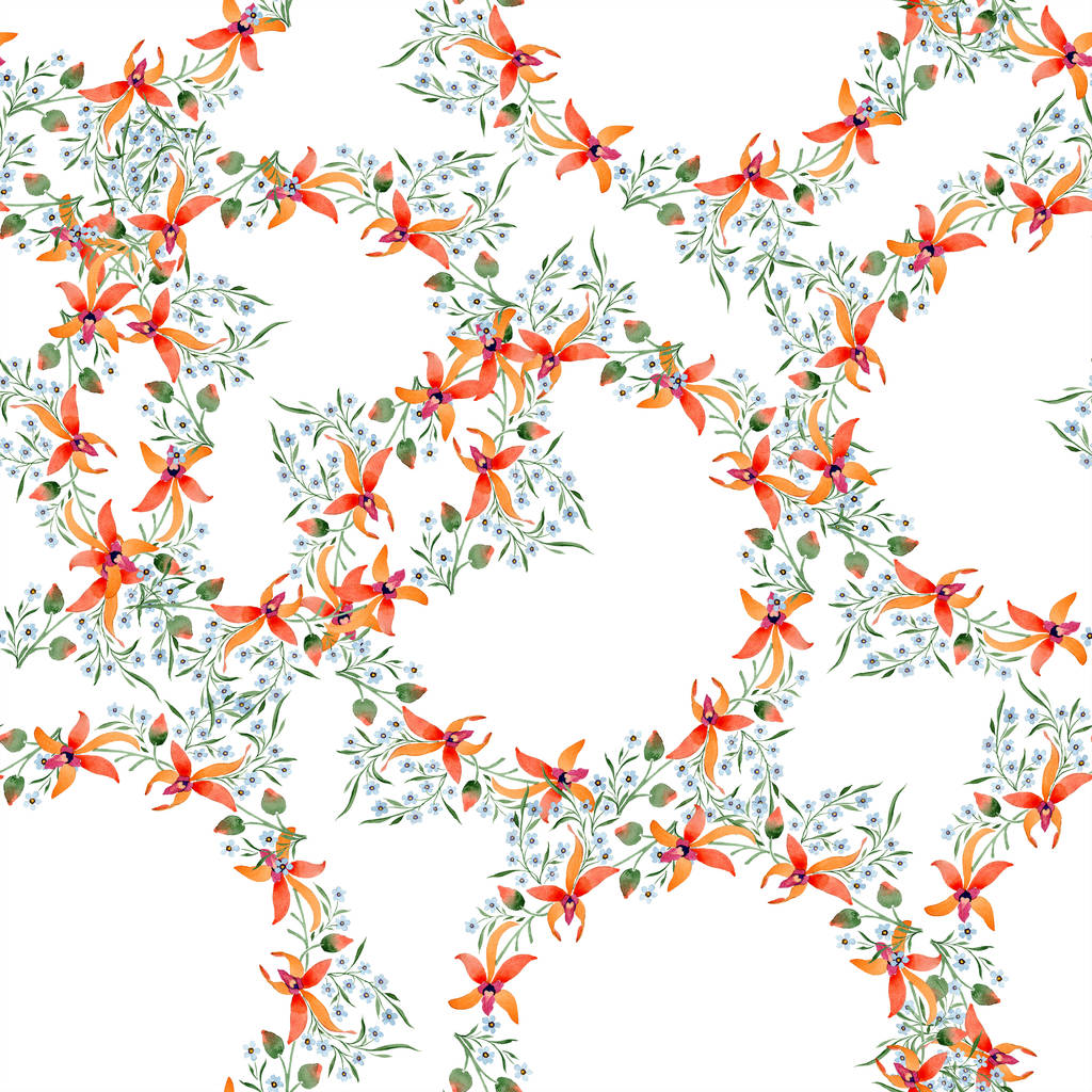 Fleurs bleues et oranges. Aquarelle dessin de fond avec des orchidées et oubliez-moi nots
. - Photo, image