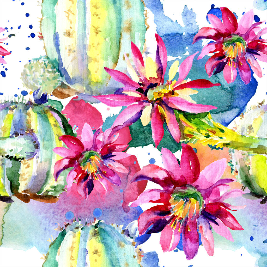 Zielone kaktusy z różowe kwiaty. Akwarela bezszwowe tło wzór.  - Zdjęcie, obraz