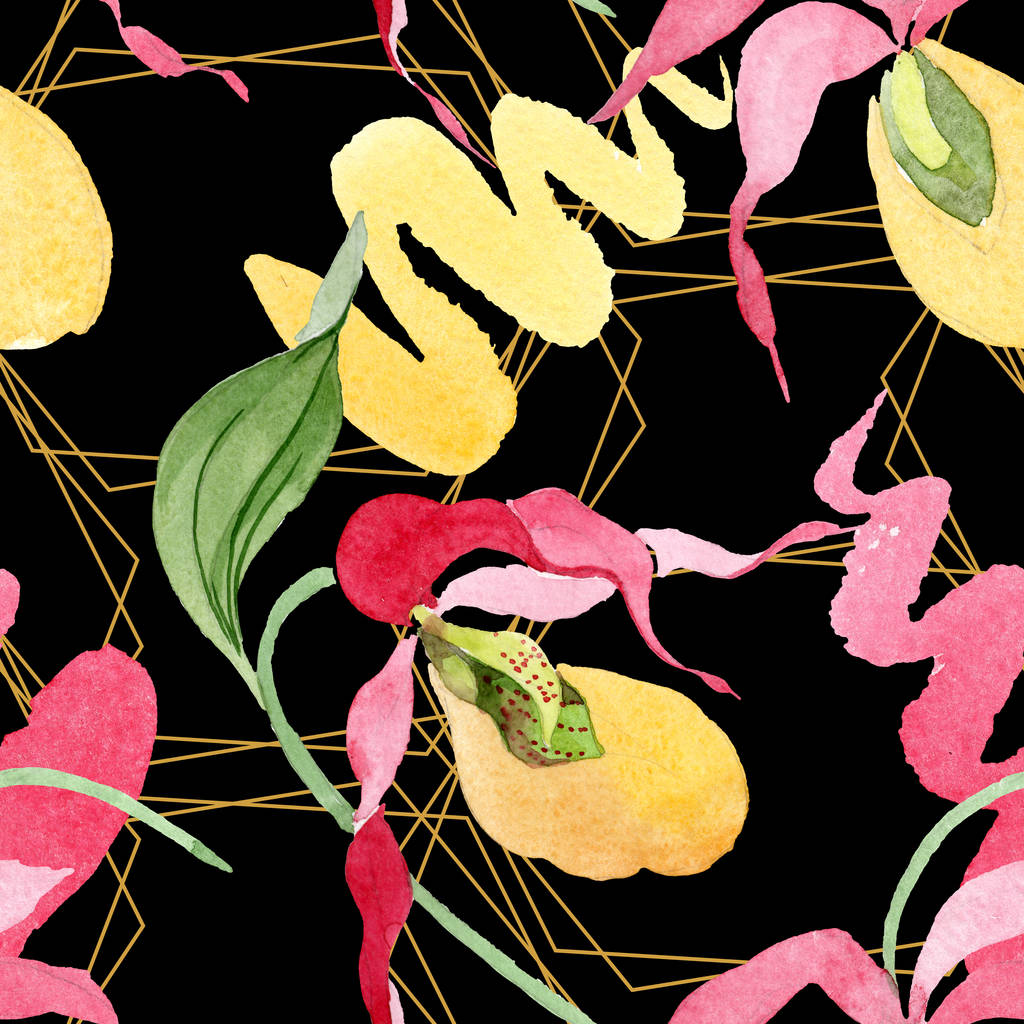 señora zapatilla orquídeas con pinceladas acuarela ilustración sobre fondo negro, patrón de fondo sin costuras
 - Foto, Imagen