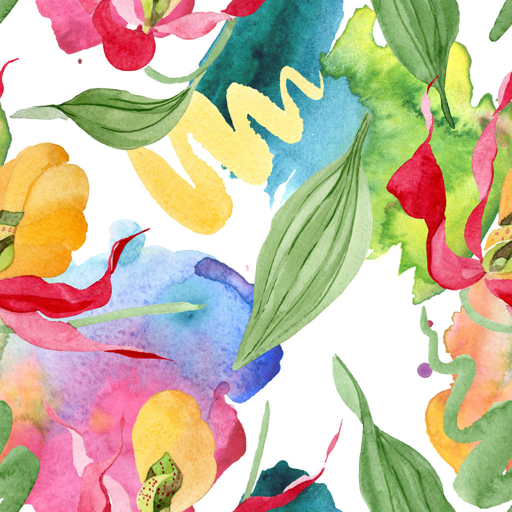 dame orchidées pantoufle avec des coups de pinceau aquarelle illustration sur fond blanc, motif d'arrière-plan sans couture
 - Photo, image