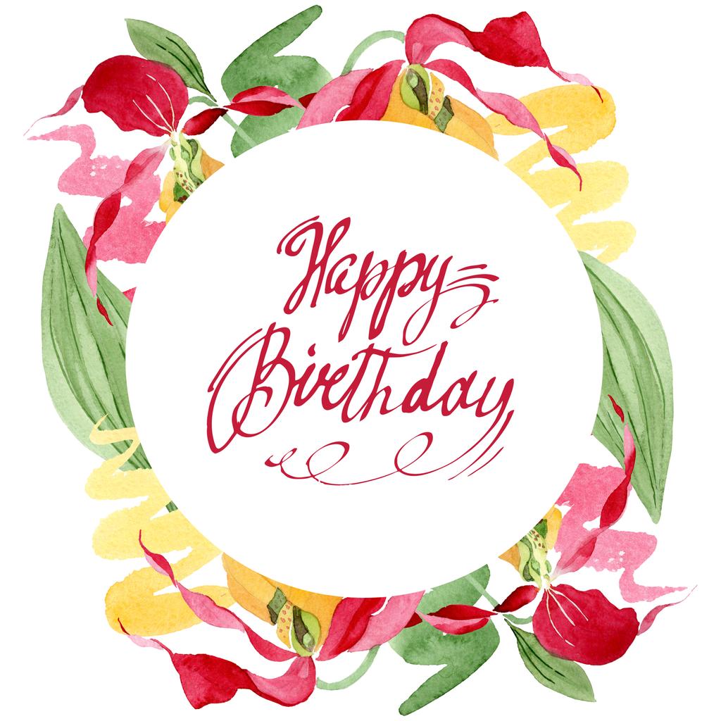 señora zapatilla orquídeas acuarela marco ilustración aislado en blanco con feliz cumpleaños letras
 - Foto, Imagen