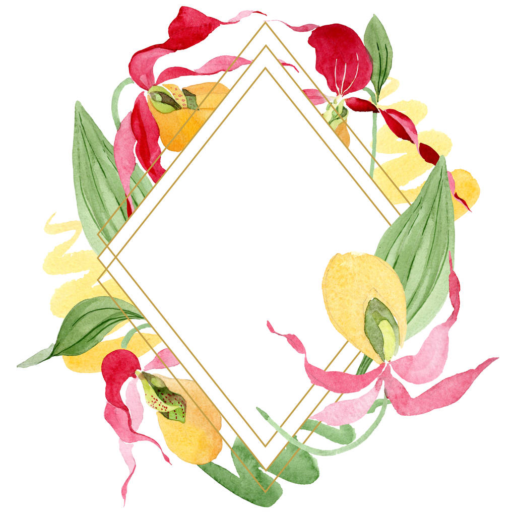 señora zapatilla orquídeas acuarela marco ilustración aislado en blanco con espacio de copia
 - Foto, Imagen