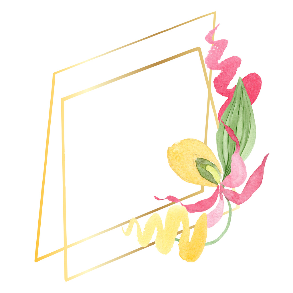 Dame Hausschuh Orchidee Aquarell Rahmen Illustration isoliert auf weiß mit Kopierraum - Foto, Bild