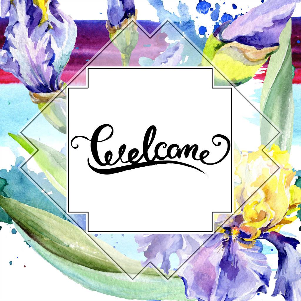 Frame with purple and yellow irises. Watercolor background illustration set with flowers. Watercolour drawing fashion aquarelle. Border with welcome sign - Photo, Image