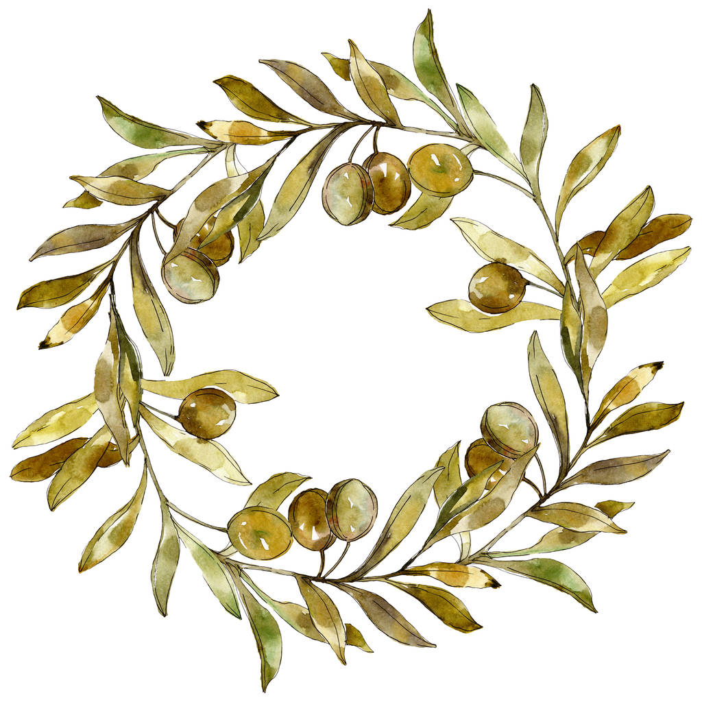 Rahmen mit grünen Oliven Aquarell Hintergrund Illustration Set. Aquarell Zeichnung Mode Aquarell isoliert. - Foto, Bild