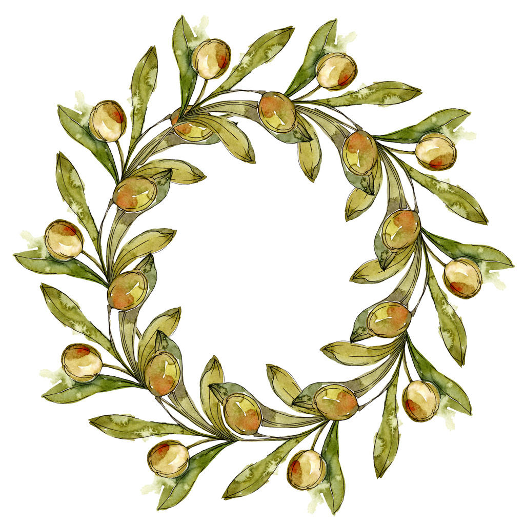 Rahmen mit grünen Oliven Aquarell Hintergrund Illustration Set. Aquarell Zeichnung Mode Aquarell isoliert. - Foto, Bild