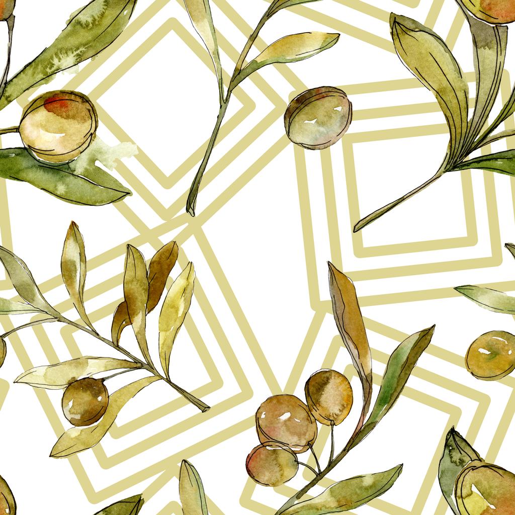Vihreät oliivit akvarelli tausta kuvitus asettaa. Vesiväri piirustus muoti akvarelli eristetty. Kasvitieteellinen oliiviöljy
. - Valokuva, kuva