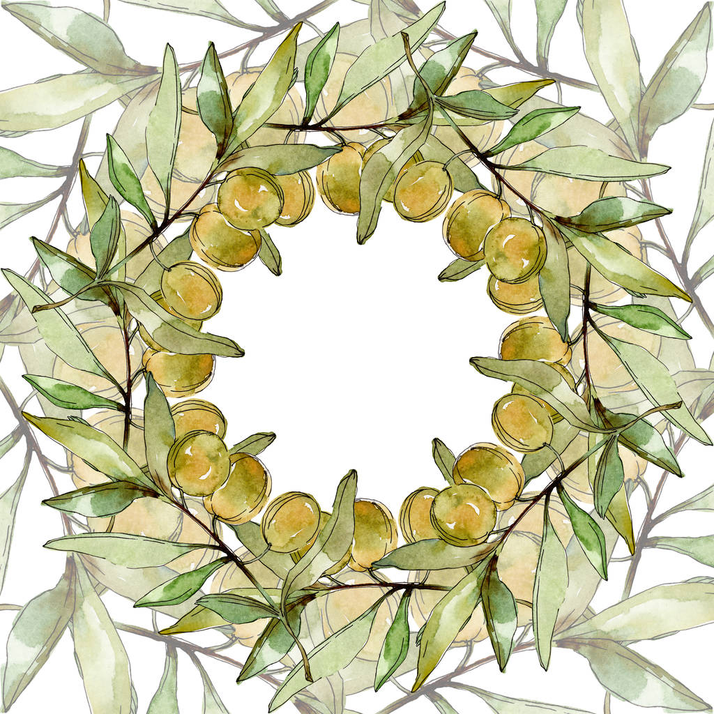 Rahmen mit grünen Oliven und Blättern Aquarell Hintergrund Illustration Set. Aquarell Zeichnung Mode Aquarell isoliert.  - Foto, Bild