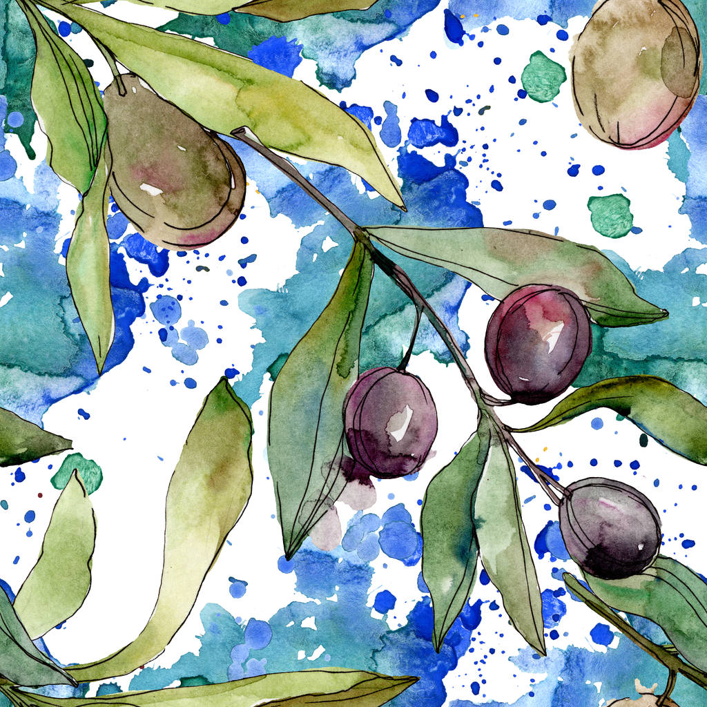 Black olives watercolor background illustration set. Watercolour drawing fashion aquarelle isolated. Seamless background pattern. Fabric wallpaper print texture. - Photo, Image