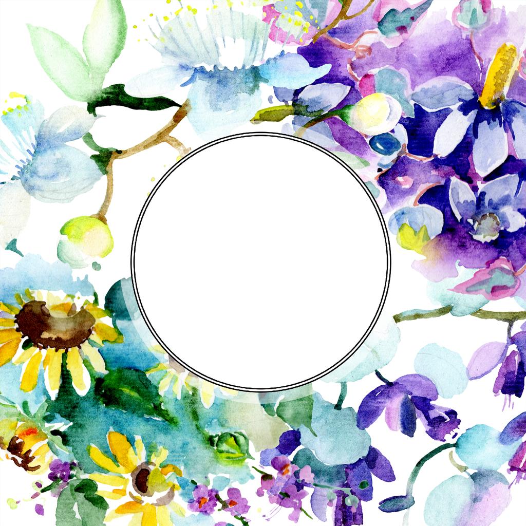 Frame met zonnebloemen en wilde bloemen geïsoleerd. Aquarel achtergrond afbeelding instellen. Aquarel tekenen mode aquarelle geïsoleerd. - Foto, afbeelding