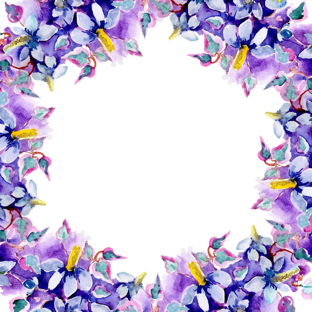 紫の花の花束 水彩画背景イラスト セット 水彩描画のファッション Aquarelle 分離します フレーム枠飾りスクエア ロイヤリティフリー写真 画像素材