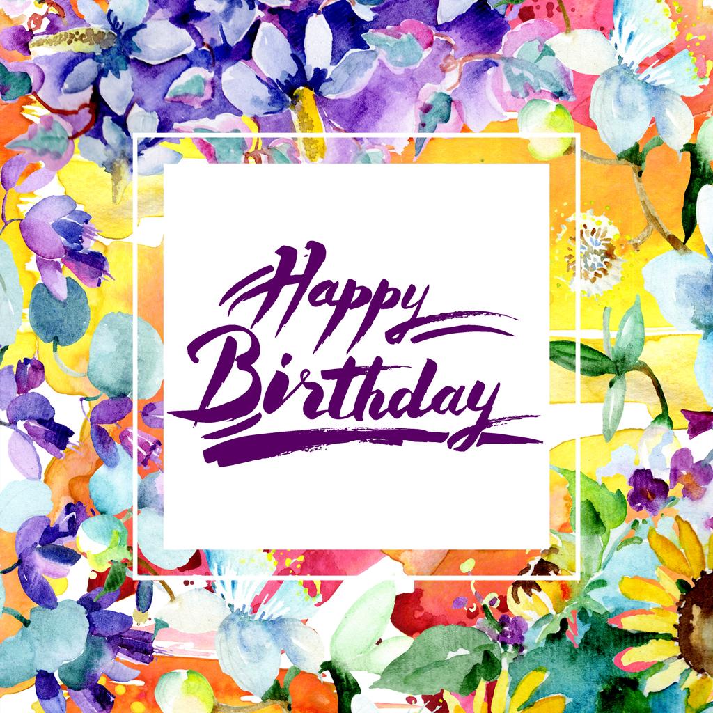 Bouquet flowers. Watercolor background illustration set. Frame border ornament square. Happy Birthday handwriting monogram calligraphy. - Photo, Image