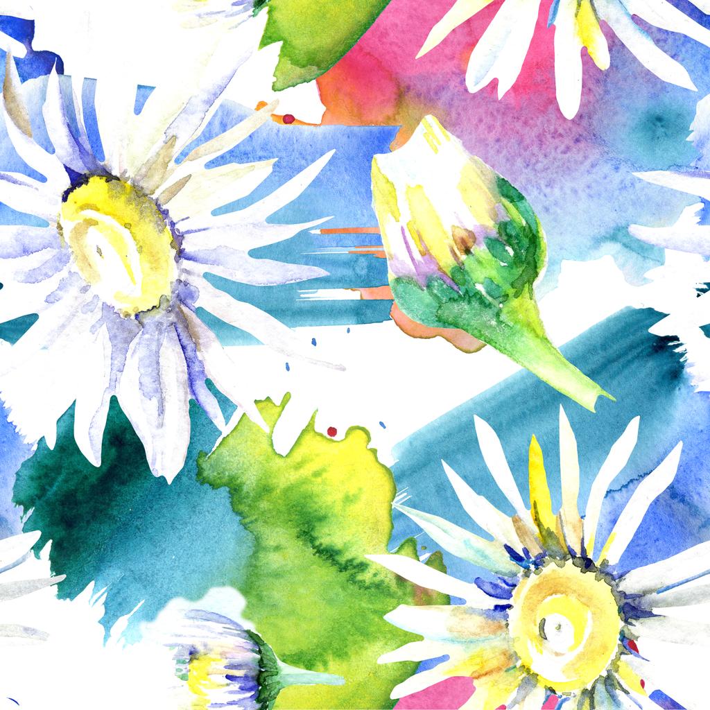Daisy flowers background. Watercolor background illustration set. Watercolour drawing aquarelle isolated. Seamless background pattern. Fabric wallpaper print texture. - Photo, Image