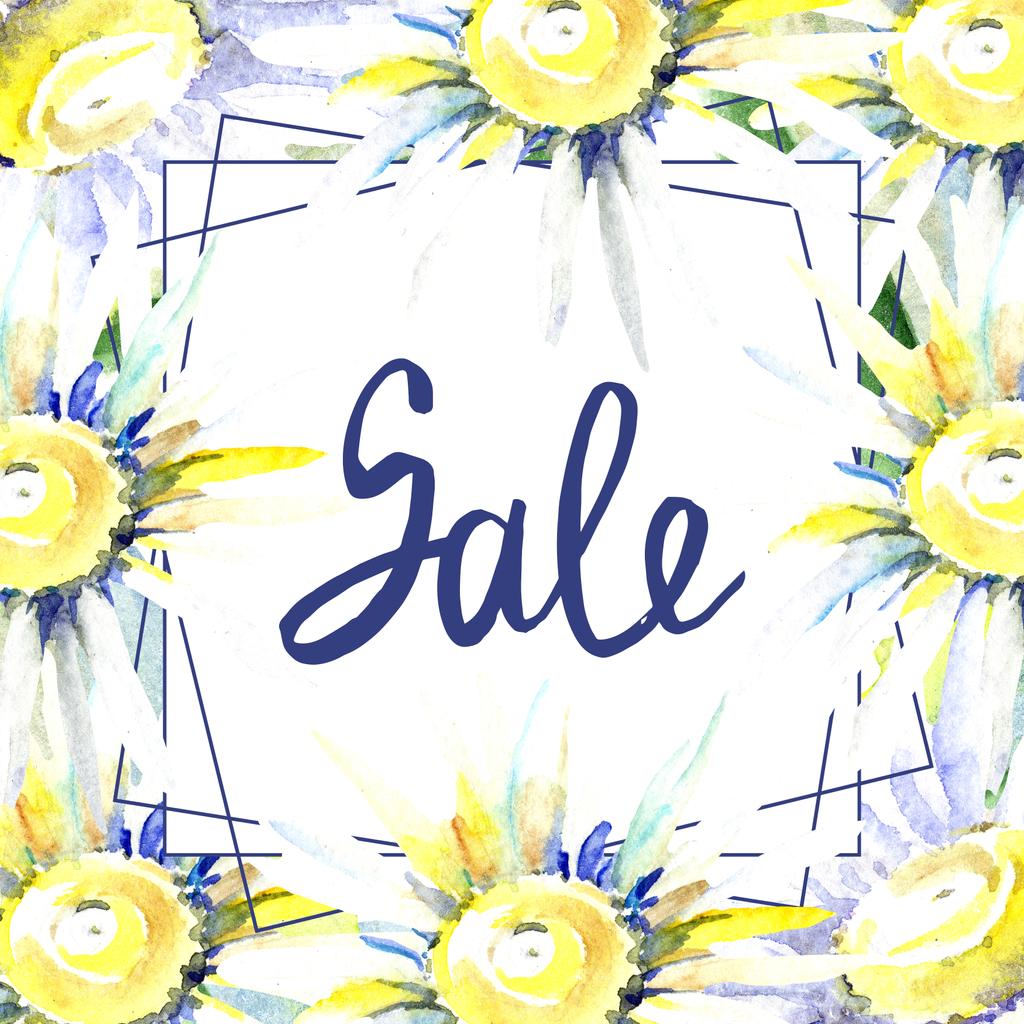 Frame with daisy flowers with Sale sign. Watercolor background illustration set. Watercolour drawing fashion aquarelle isolated.   - Photo, Image