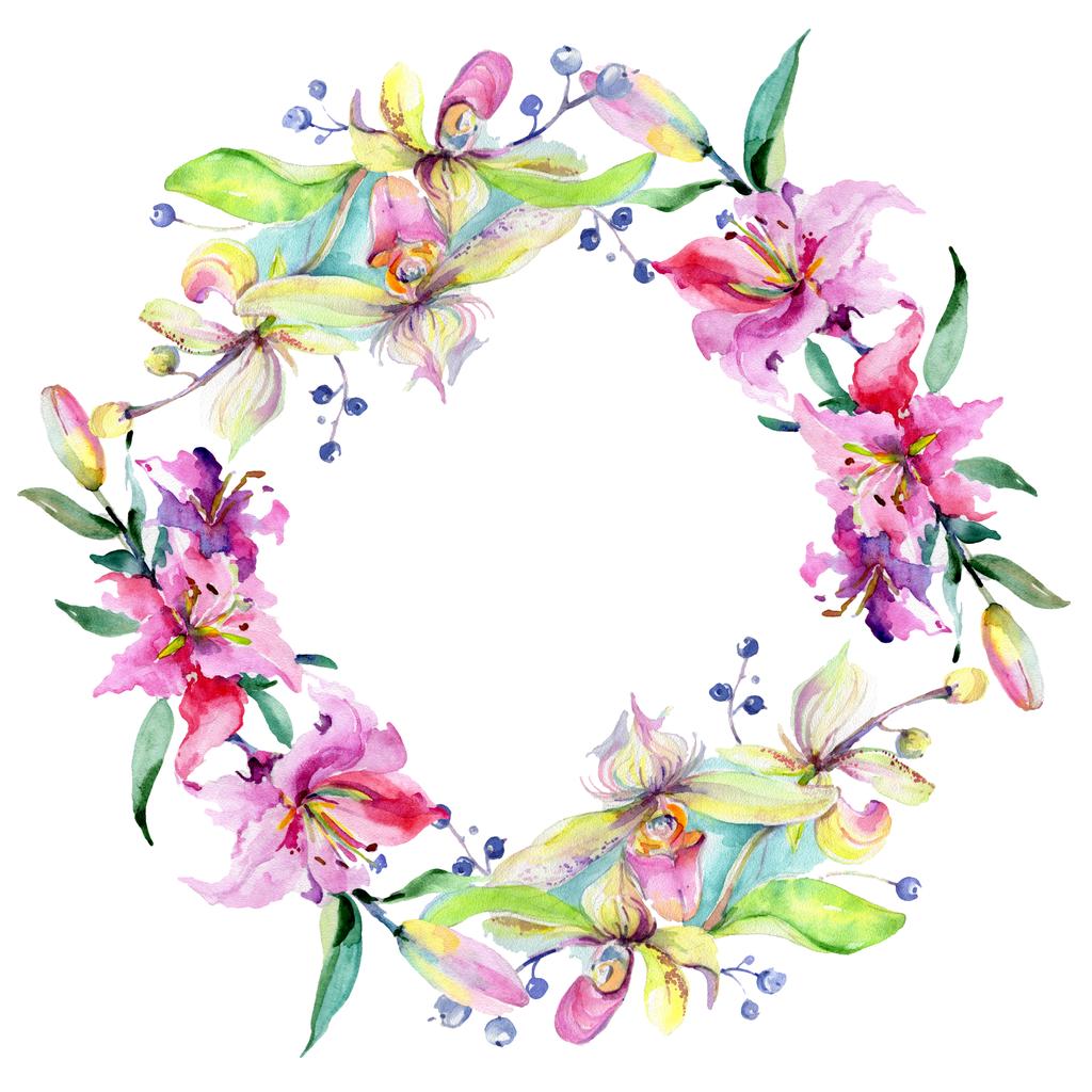 Rahmen mit rosa und lila Orchideenblüten. Aquarellzeichnung Modeaquarell isoliert. Ornamentrand  - Foto, Bild