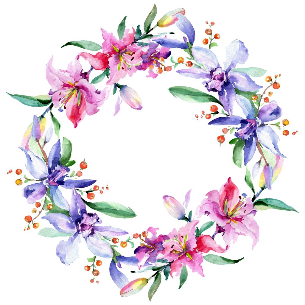 Rahmen mit rosa und lila Orchideenblüten. Aquarellzeichnung Modeaquarell isoliert. Ornamentrand  - Foto, Bild