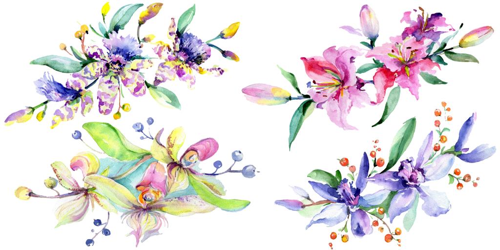 Rózsaszín és lila orchideák. Akvarell háttér illusztráció készlet. Akvarell virág csokor ábra elem. - Fotó, kép