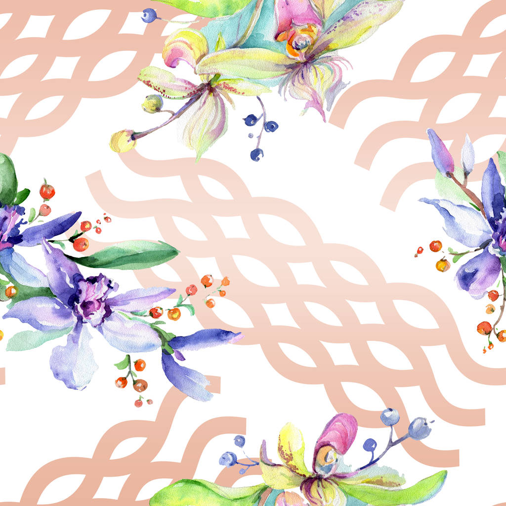Vaaleanpunaisia ja violetteja orkidea kukkia. Vesiväri piirustus muoti akvarelli eristetty. Saumaton taustakuvio. Kangas tapetti tulostaa rakenne
. - Valokuva, kuva