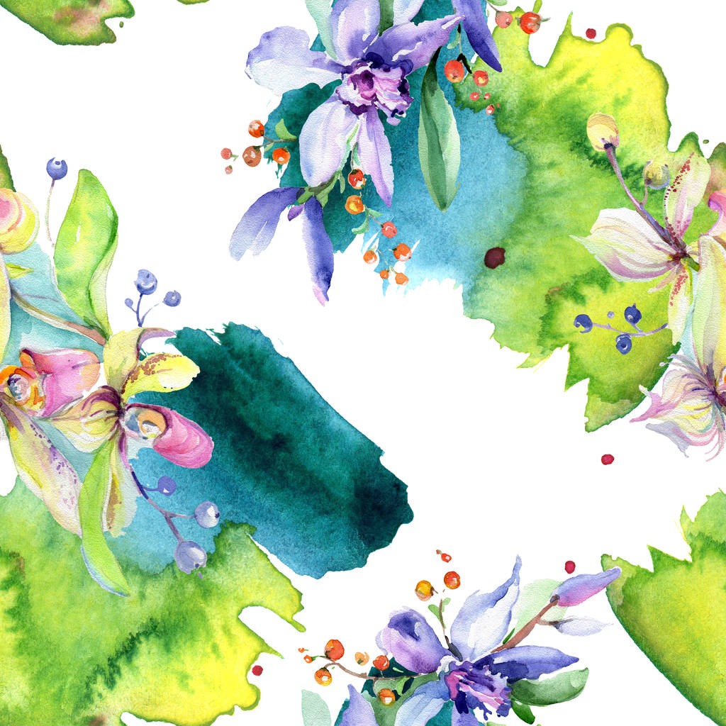 Rózsaszín és lila orchidea virágok. Akvarell rajz divat aquarelle elszigetelt. Varratmentes háttérben minta. Anyagot a nyomtatási textúrát. - Fotó, kép