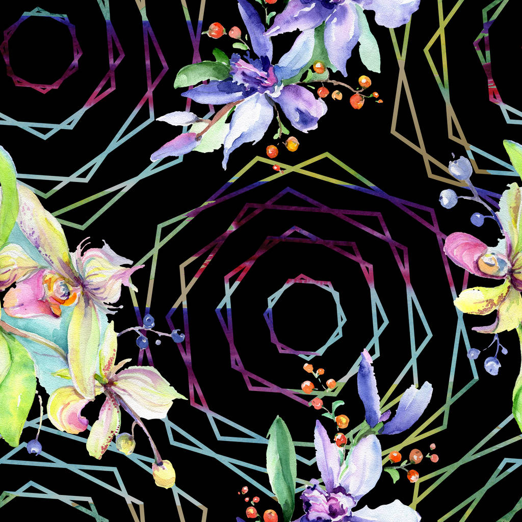 Flores de orquídea rosa y púrpura. Acuarela dibujo moda acuarela aislado. Patrón de fondo sin costuras. Textura de impresión de papel pintado de tela
. - Foto, Imagen