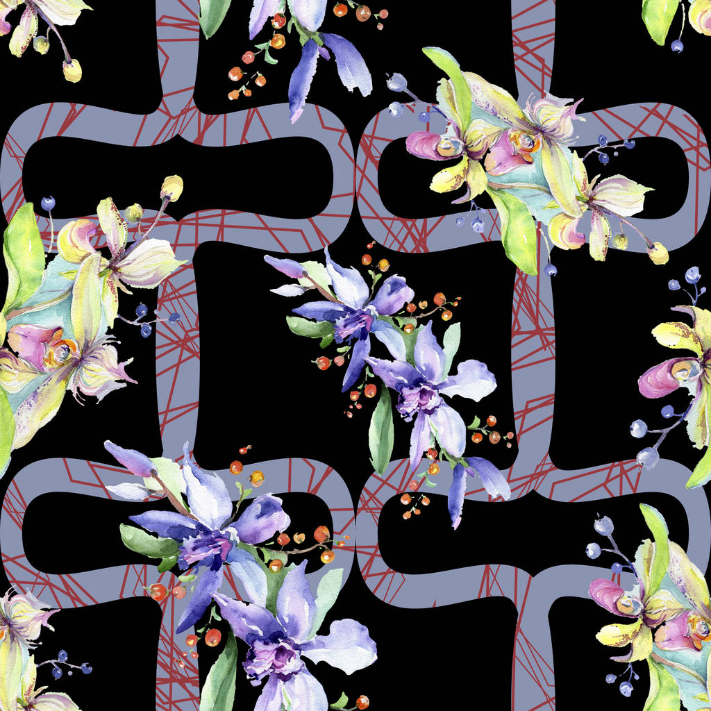 Розовые и фиолетовые цветы орхидеи. Акварель акварель акварель изолирована. Бесшовный рисунок фона. Текстура ткани для печати обоев
. - Фото, изображение