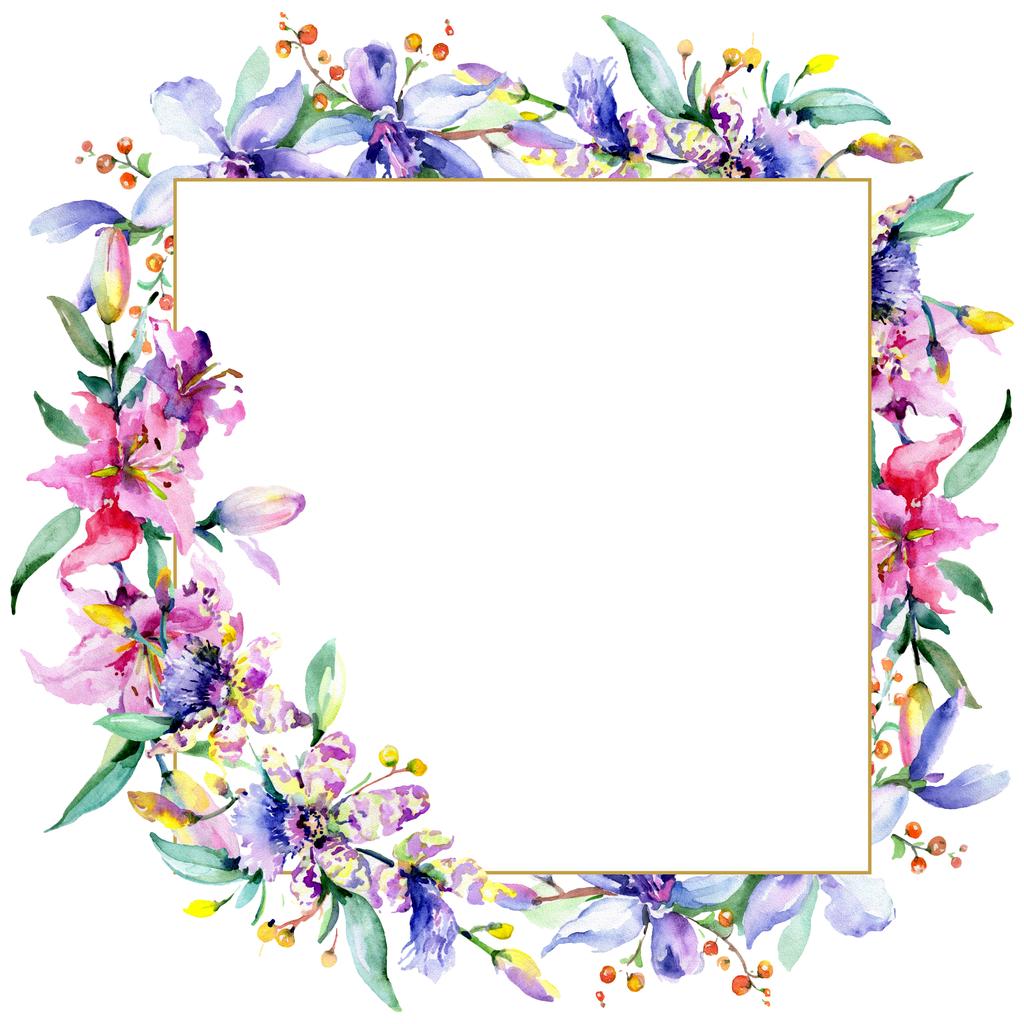 Frame met roze en paarse orchideebloemen. Aquarel tekenen mode aquarelle geïsoleerd. Sieraad grens  - Foto, afbeelding