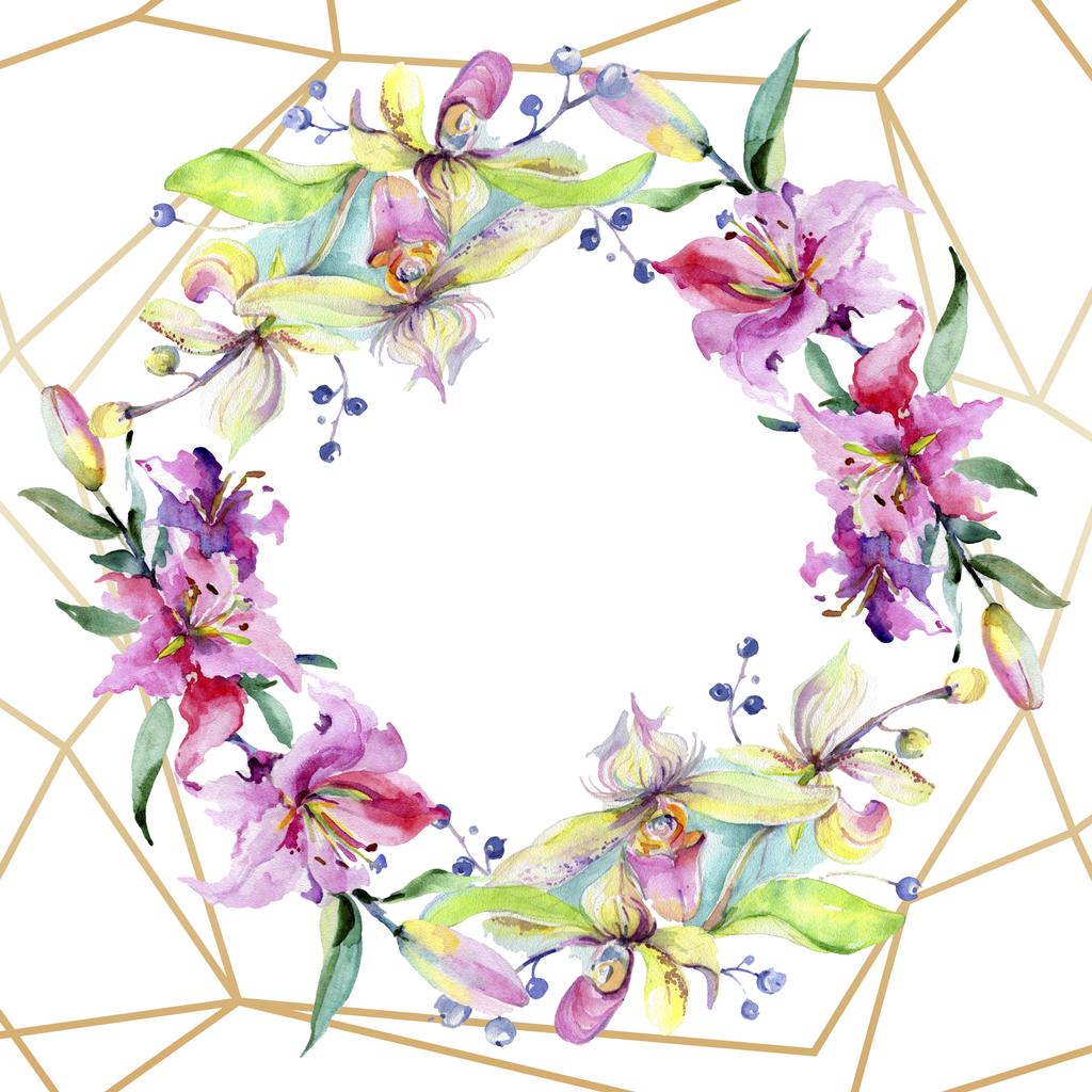 Rama z różowe i fioletowe kwiaty orchidei. Akwarela rysunku aquarelle moda na białym tle. Granicy ornament  - Zdjęcie, obraz