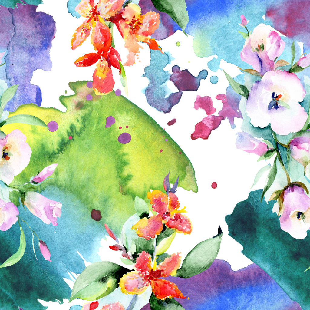 Background with colorful spring flowers. Watercolor background illustration set. Watercolour drawing fashion aquarelle isolated. Isolated bouquet texture - Photo, Image