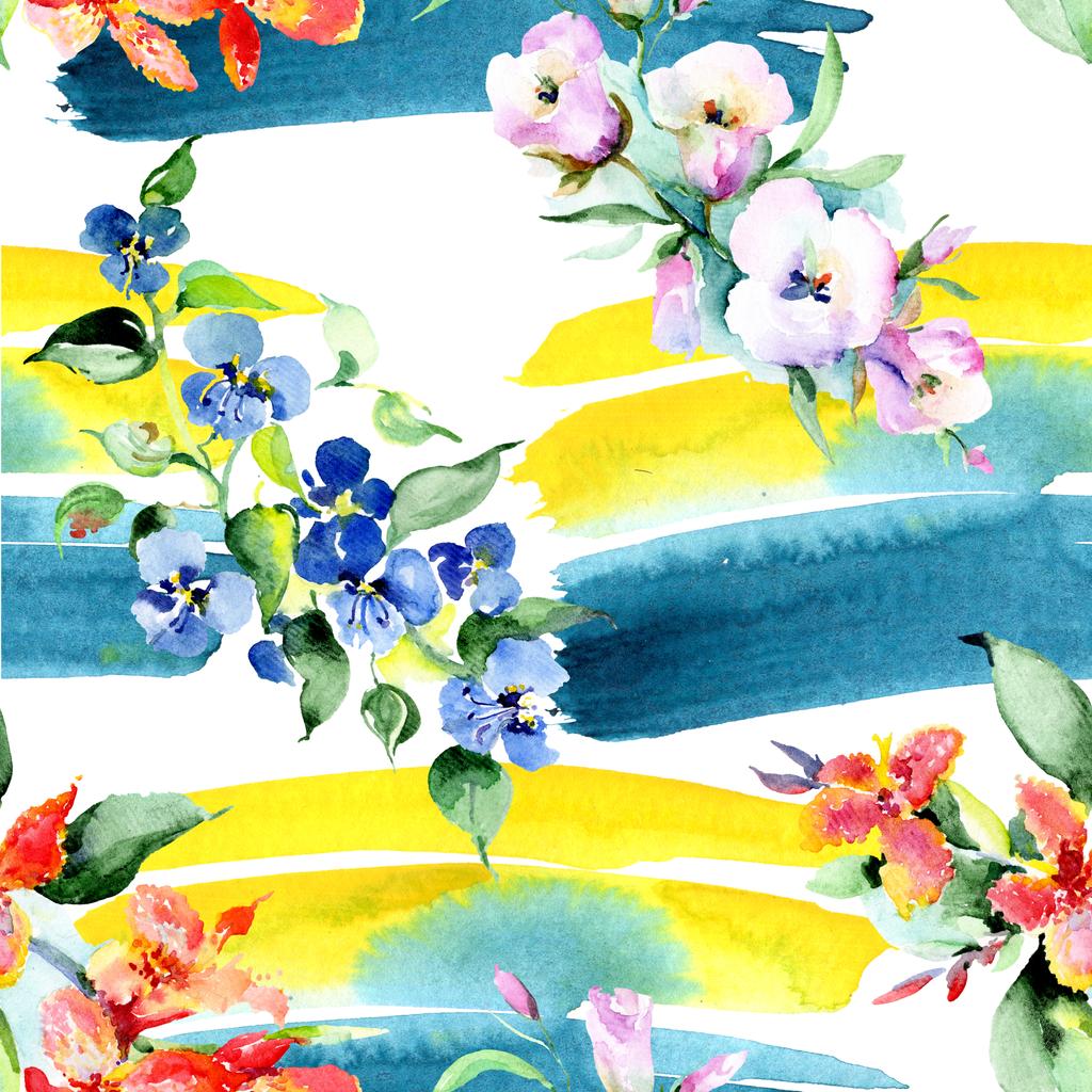 Φόντο με πολύχρωμα ανοιξιάτικα λουλούδια. Ακουαρέλα φόντο εικόνα σύνολο. Ακουαρέλα σχεδίασης μόδας aquarelle απομονωμένη. Απομονωμένη μπουκέτο υφή - Φωτογραφία, εικόνα