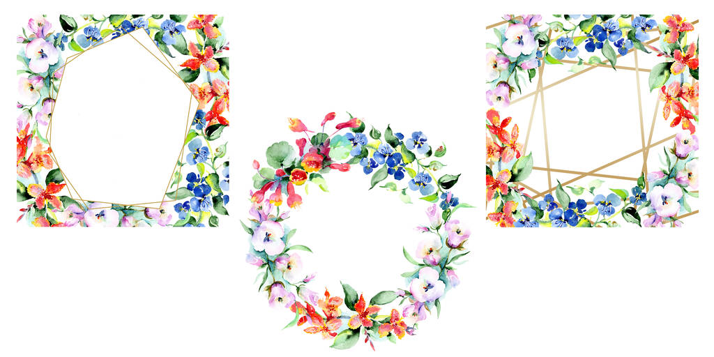 Рамки з різнокольорових весняних квітів. Набір ілюстрацій для акварельного фону. Акварельний малюнок моди акварель ізольовано. Декоративні кордони
 - Фото, зображення