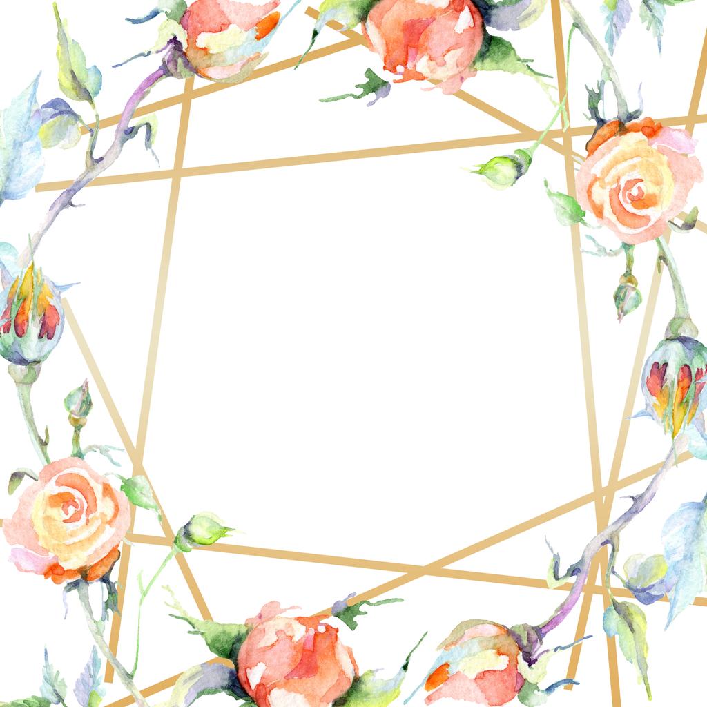Frame with orange rose flowers. Watercolor background illustration set. Watercolour drawing fashion aquarelle isolated. Ornamental border  - Photo, Image