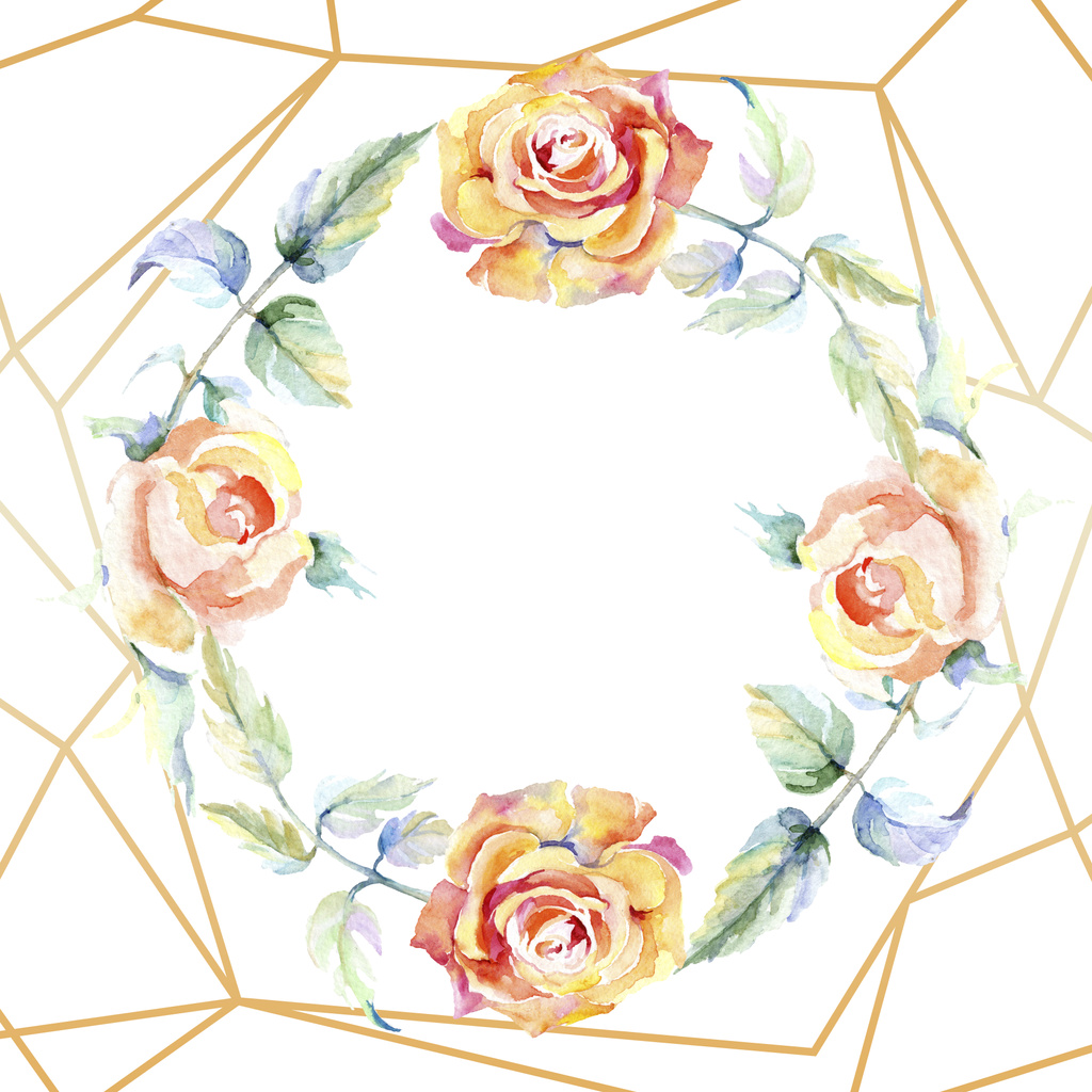 Πλαίσιο με πορτοκαλί τριαντάφυλλο λουλούδια. Ακουαρέλα φόντο εικόνα σύνολο. Ακουαρέλα σχεδίασης μόδας aquarelle απομονωμένη. Διακοσμητικά σύνορα  - Φωτογραφία, εικόνα