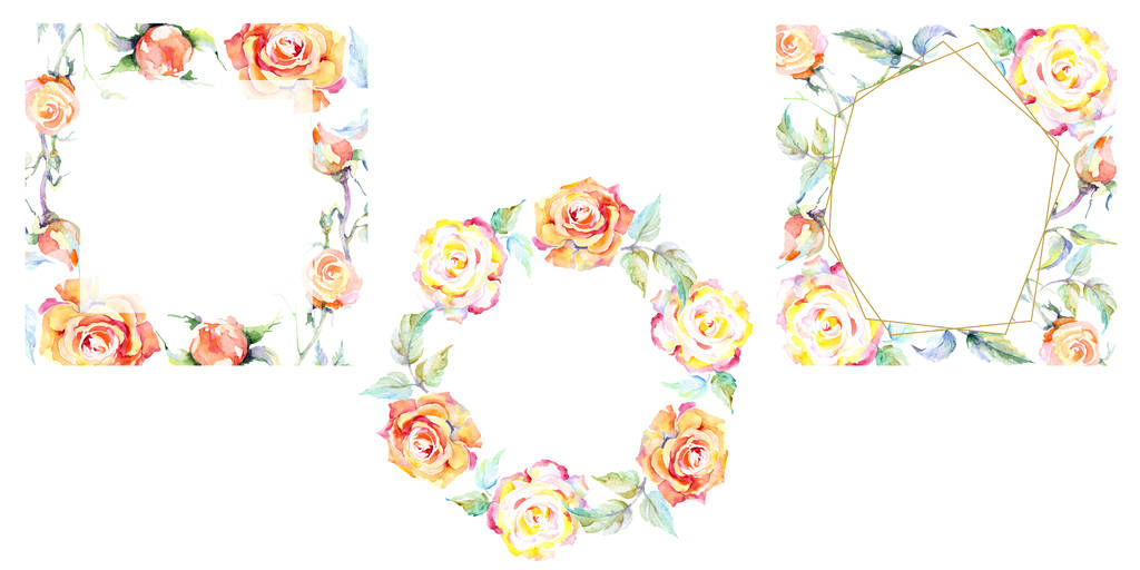 Καρέ με πορτοκαλί τριαντάφυλλο λουλούδια. Ακουαρέλα φόντο εικόνα σύνολο. Ακουαρέλα σχεδίασης μόδας aquarelle απομονωμένη. Διακοσμητικά σύνορα - Φωτογραφία, εικόνα