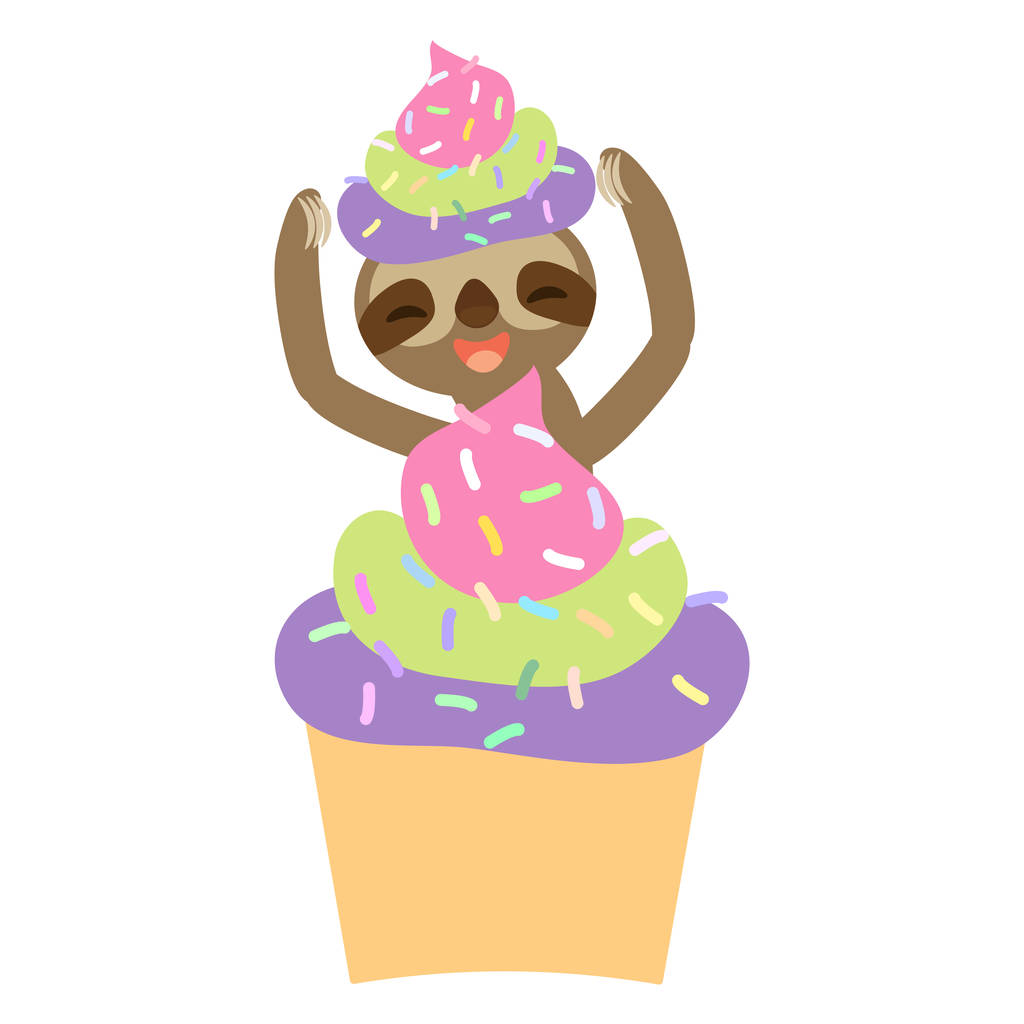 смешной и милый улыбающийся трехпалый ленивец с кексом с розово-зеленым сиреневым кремом и брызгами на белом фоне. Векторная иллюстрация
 - Вектор,изображение