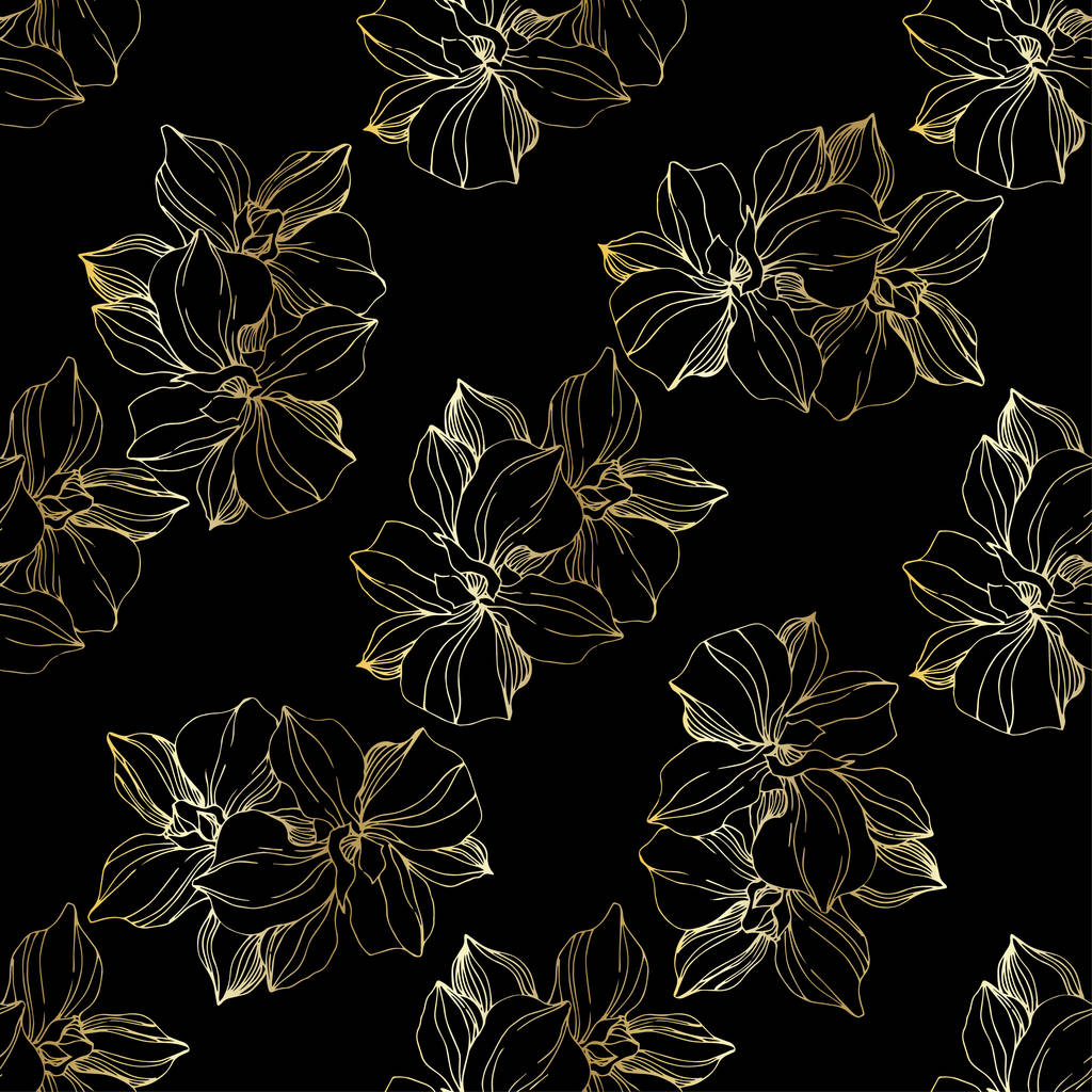 Vektor goldene Orchideen. Wildblumen isoliert auf schwarz. Tuschebilder. nahtlose Hintergrundmuster. Tapete drucken Textur. - Vektor, Bild