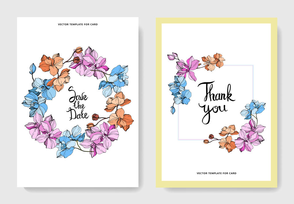 Vector orchids. Wildflowers. Engraved ink art. Wedding cards. Thank you, save the date invitation cards graphic set banner. - Vector, Image
