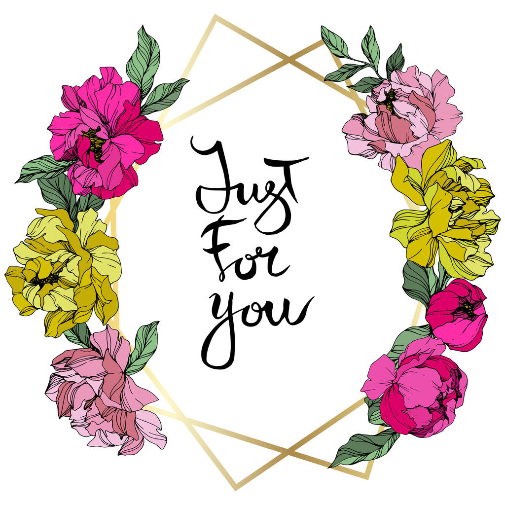 Vektor rosa und gelbe Pfingstrosen. Wildblumen isoliert auf weiß. Tuschebilder. Blumenrahmen mit Schriftzug "just for you" - Vektor, Bild