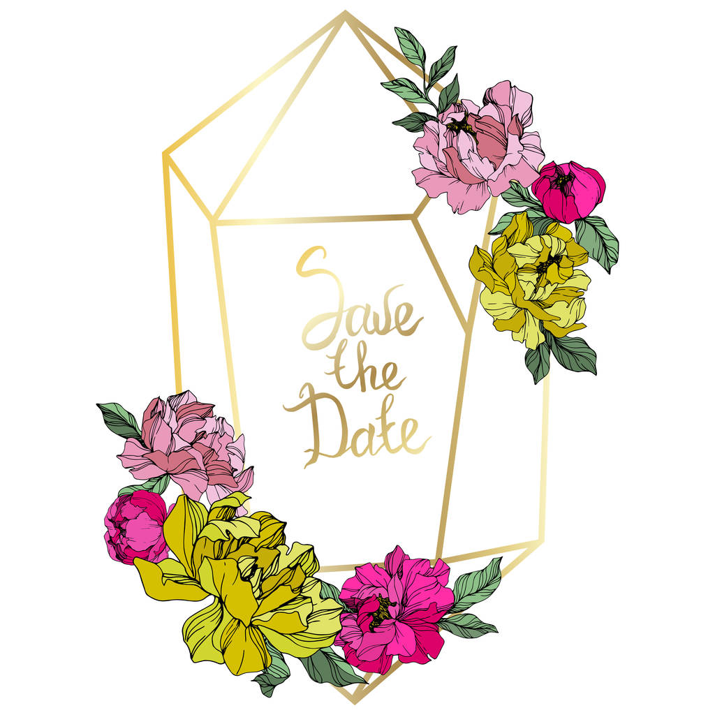 Vector Pink and yellow peonies. Wildflowers isolated on white. Engraved ink art. Floral frame border with 'save the date' lettering - Vector, Image