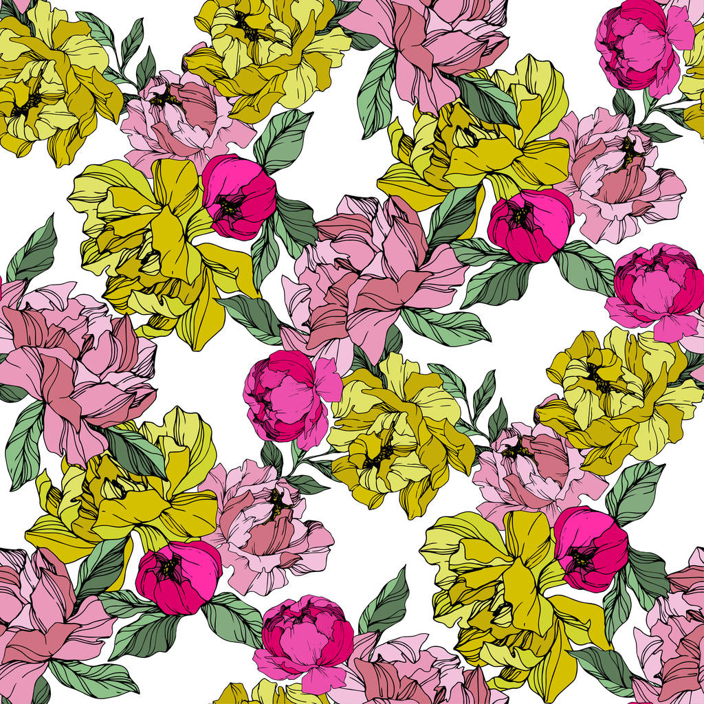 Vector Pink and yellow peonies. Wildflowers isolated on white. Engraved ink art. Seamless background pattern. Wallpaper print texture. - Vector, Image