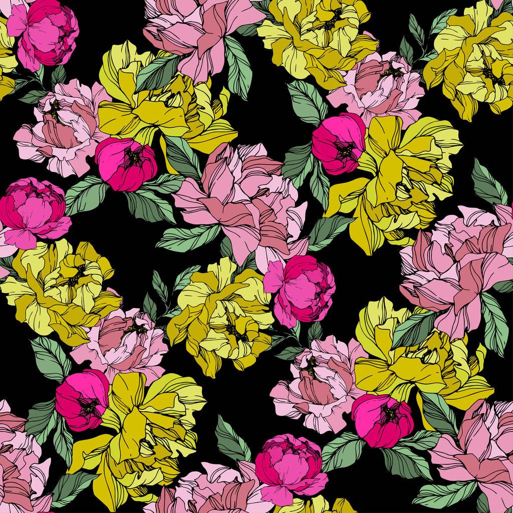 Vector Pink and yellow peonies. Wildflowers isolated on black. Engraved ink art. Seamless background pattern. Wallpaper print texture. - Vector, Image