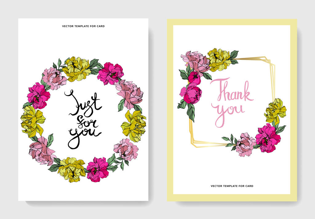 Vector roze en gele pioenrozen. Gegraveerde inkt art. Bruiloft kaarten met 'thank you' en 'just for you' belettering. Afbeelding instellen banner. - Vector, afbeelding
