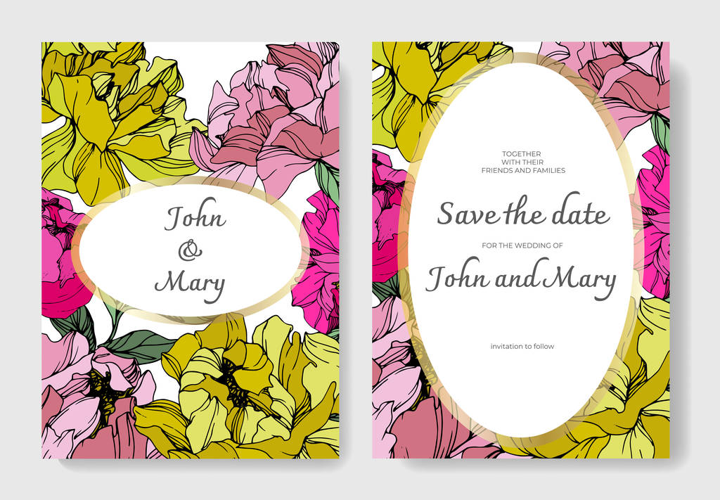 Vector pink and yellow peonies. Engraved ink art. Save the date wedding invitation cards graphic set banner. - Vector, Image