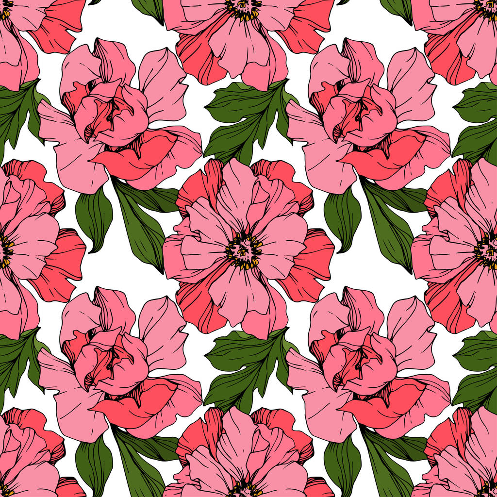Vector Pink peonies. Wildflowers isolated on white. Engraved ink art. Seamless background pattern. Wallpaper print texture. - Vector, Image
