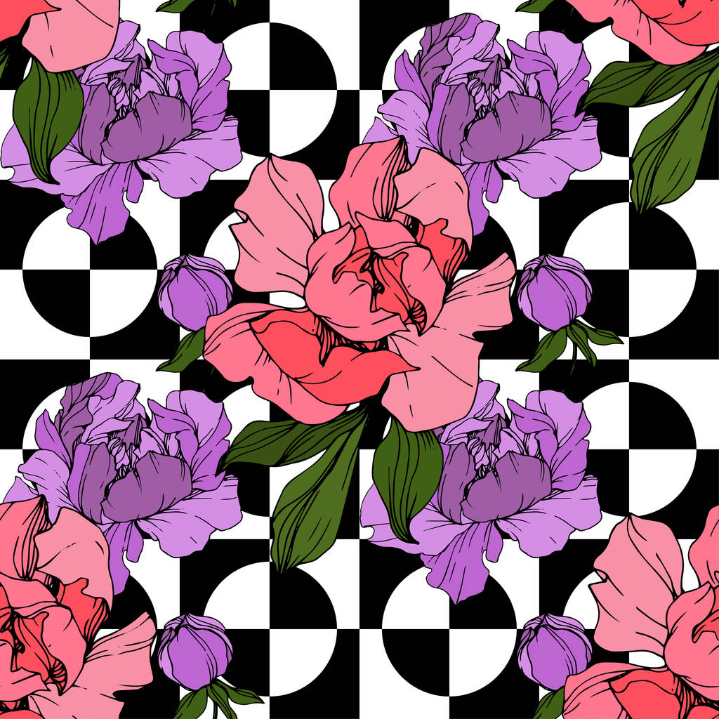 Vector roze en paars pioenrozen op decoratieve achtergrond. Gegraveerde inkt art. Naadloze achtergrondpatroon. Behang print textuur. - Vector, afbeelding
